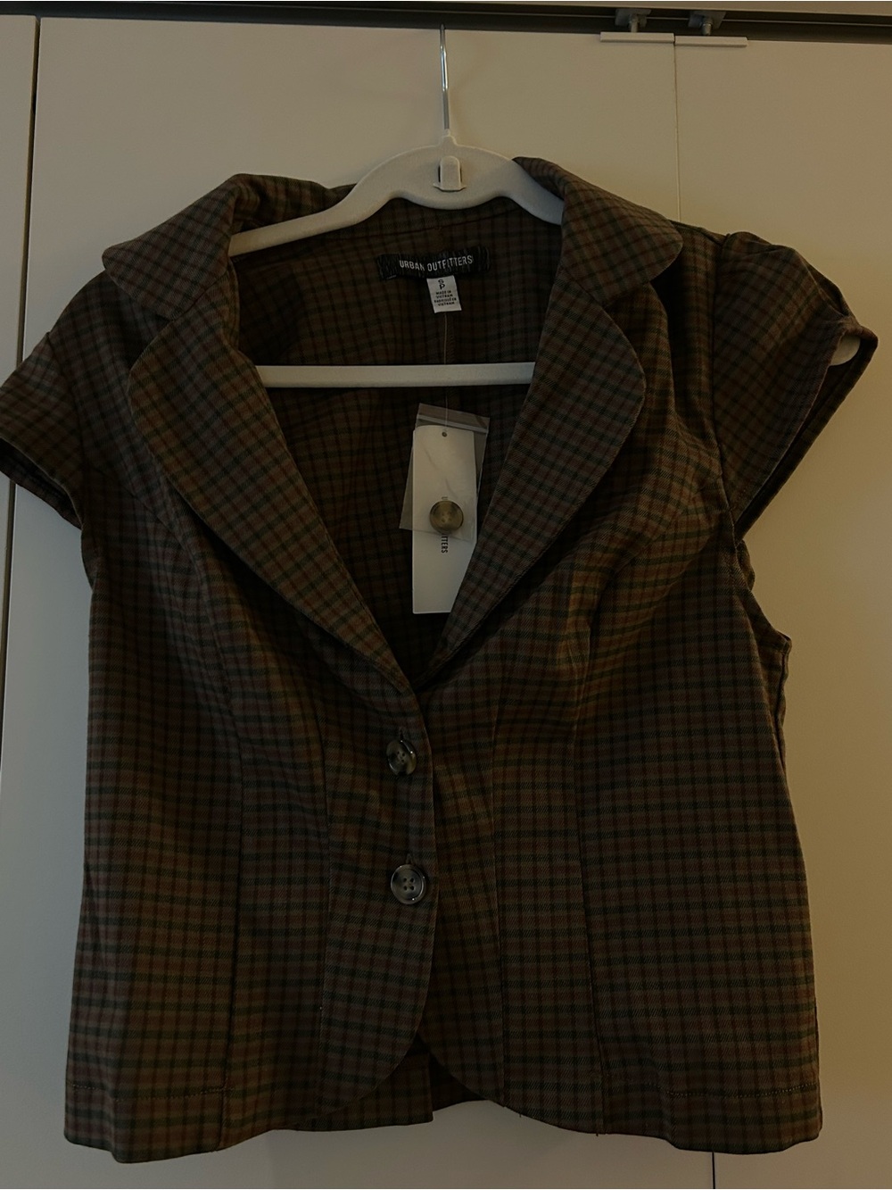 Urban Outfitters Brown Plaid Cap-Sleeve Button Front Top